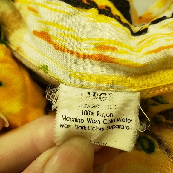 Pretty Men's tropical short sleeve button up shirt in bright yellows and black. - Picture 3 of 5